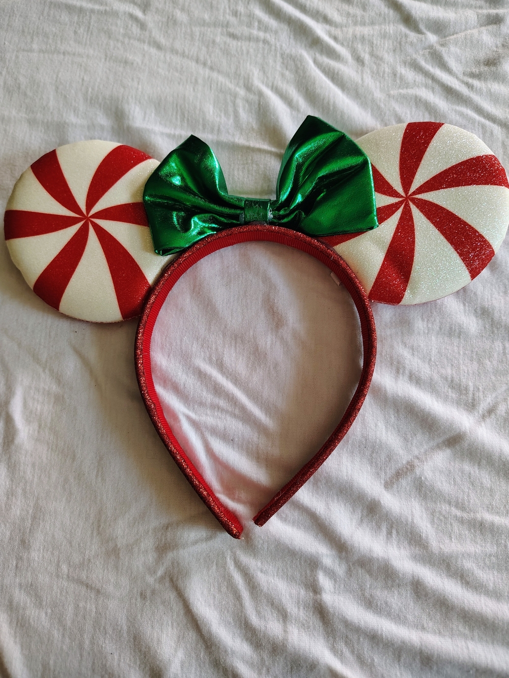 Disney Red & White Peppermint Mouse Ear Headband with Green Bow